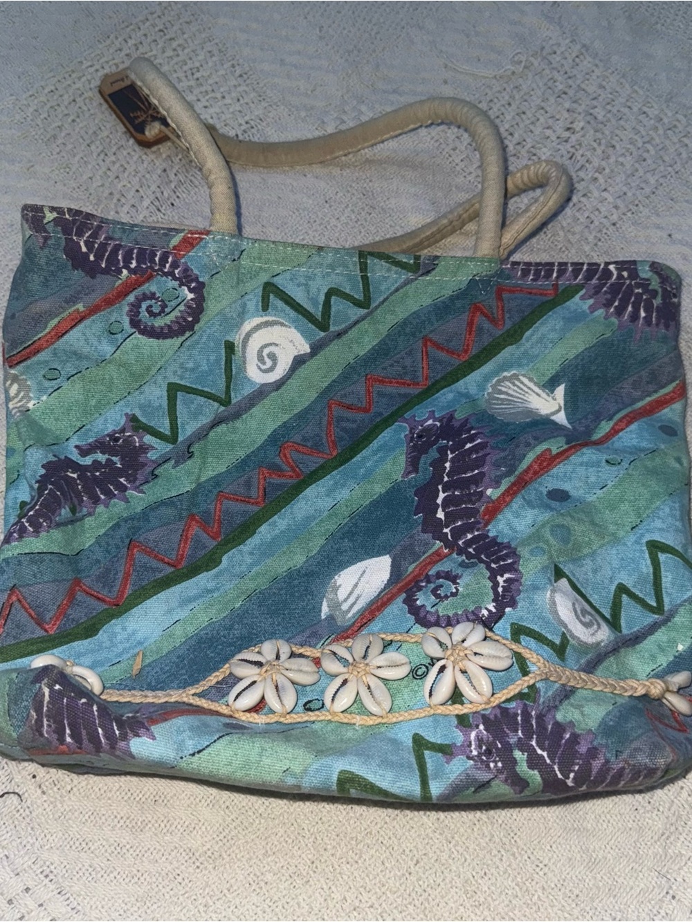 Paul‎ Brent Canvas Beach Bag Seahorse Shell Bead Accents Summer Vacation Pool
